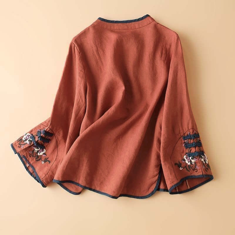 Camisa de lino y algodón de manga larga para mujer con diseño de flores bordadas retro y Buddha Stones - image 1