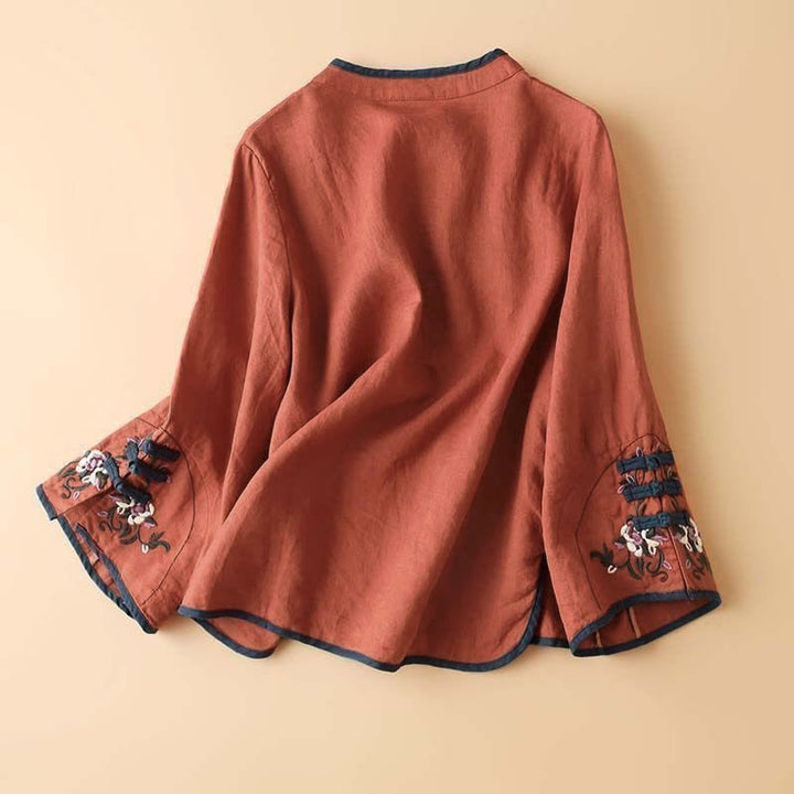 Camisa de lino y algodón de manga larga para mujer con diseño de flores bordadas retro y Buddha Stones - image 1