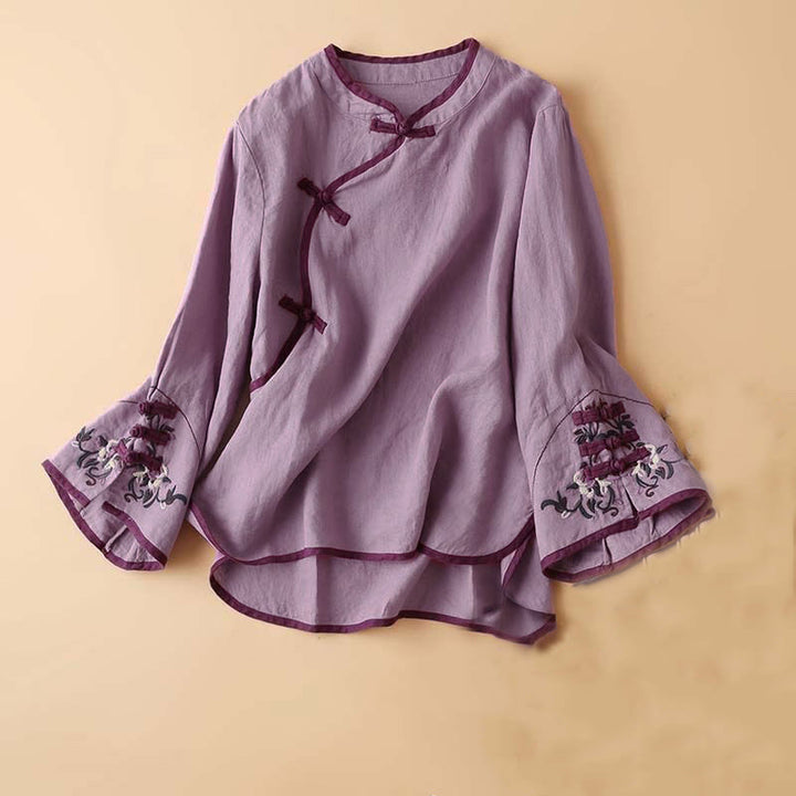 Camisa de manga larga para mujer con diseño retro de bordado de flores y Buddha Stones. - Violeta - US12, UK/AU16, EU44 (4XL) - image 16