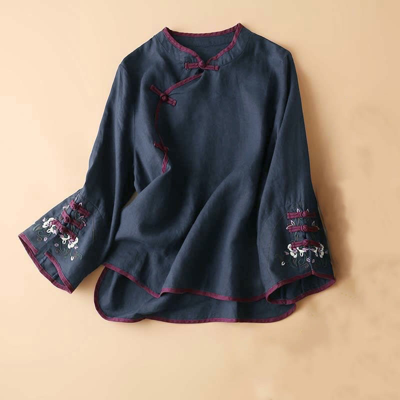Camisa de manga larga para mujer con diseño retro de bordado de flores y Buddha Stones. - Azul pizarra oscuro - US12, UK/AU16, EU44 (4XL) - image 21