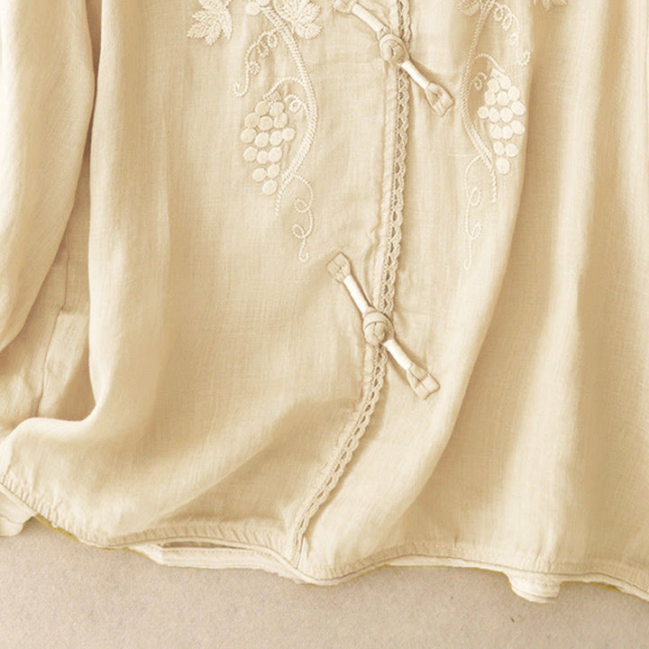 Buddha Stones Camisa de algodón para mujer con manga tres cuartos, diseño de encaje y estampado de uvas bordadas y botones de rana - image 6