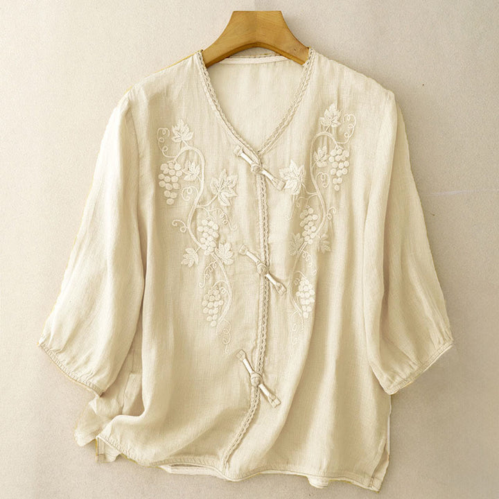 Buddha Stones Camisa de algodón para mujer con manga tres cuartos, diseño de encaje y estampado de uvas bordadas y botones de rana - Amarillo vara de oro claro - US8-10，UK/AU12-14，EU40-42 (2XL) - image 5