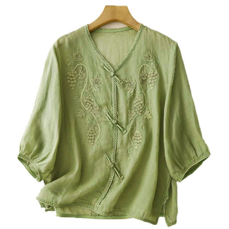 Buddha Stones Camisa de algodón para mujer con manga tres cuartos, diseño de encaje y estampado de uvas bordadas y botones de rana - image 4