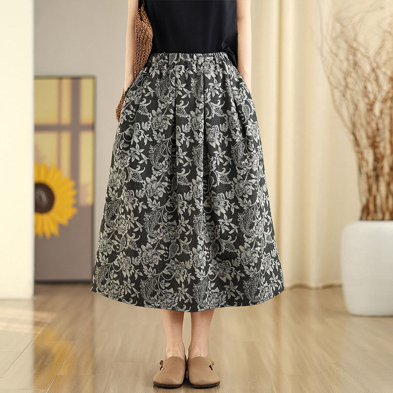 Buddha Stones Falda de algodón con estampado floral y cachemira para mujer, corte A, cintura elástica y bolsillos - Gris oscuro - US8-10，UK/AU12-14，EU40-42 (2XL) - image 1