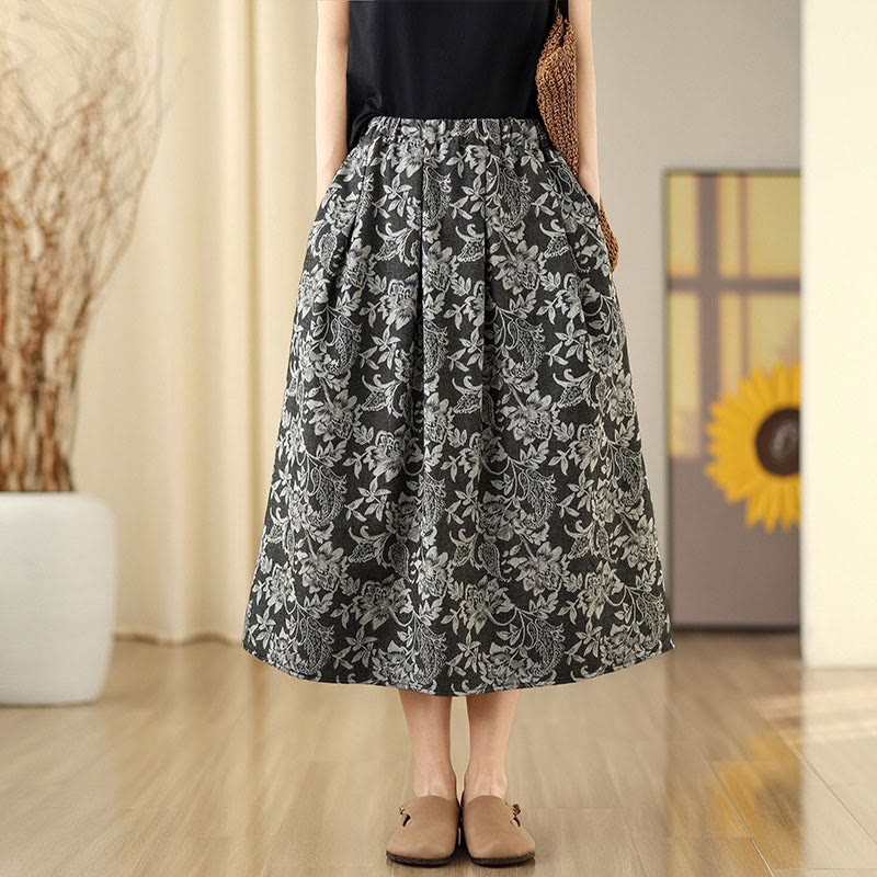 Buddha Stones Falda de algodón con estampado floral y cachemira para mujer, corte A, cintura elástica y bolsillos - image 0