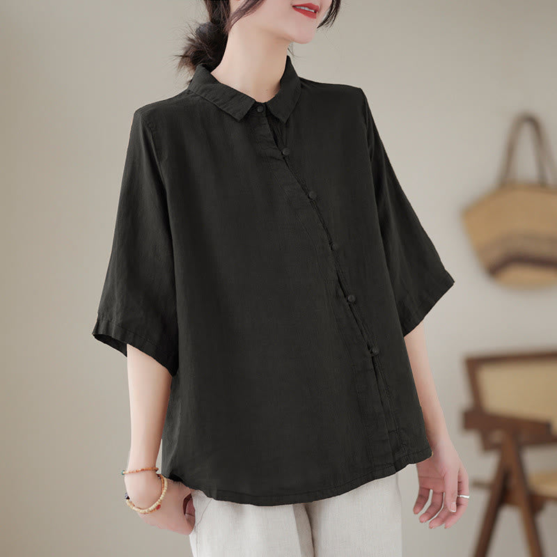 Buddha Stones Camisa de algodón para mujer con solapa, botones de rana, diseño de tapeta diagonal, manga tres cuartos - Negro - US8-10，UK/AU12-14，EU40-42 (2XL) - image 10