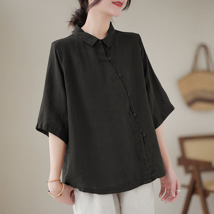 Buddha Stones Camisa de algodón para mujer con solapa, botones de rana, diseño de tapeta diagonal, manga tres cuartos - Negro - US8-10，UK/AU12-14，EU40-42 (2XL) - image 10