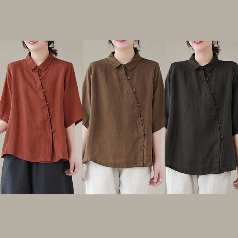 Buddha Stones Camisa de algodón para mujer con solapa, botones de rana, diseño de tapeta diagonal, manga tres cuartos - image 19