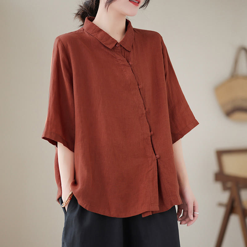 Buddha Stones Camisa de algodón para mujer con solapa, botones de rana, diseño de tapeta diagonal, manga tres cuartos - image 2