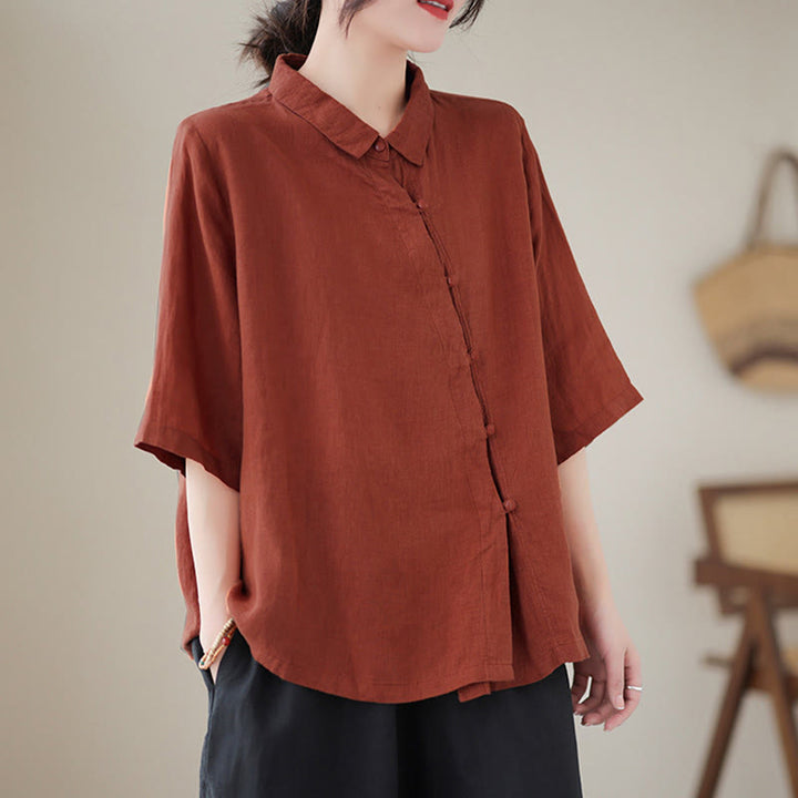 Buddha Stones Camisa de algodón para mujer con solapa, botones de rana, diseño de tapeta diagonal, manga tres cuartos - image 2