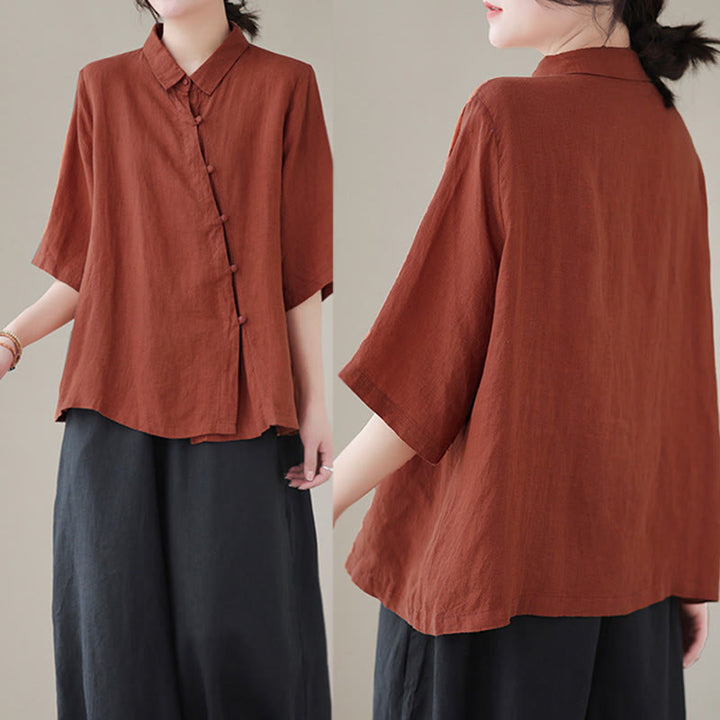 Buddha Stones Camisa de algodón para mujer con solapa, botones de rana, diseño de tapeta diagonal, manga tres cuartos - image 4