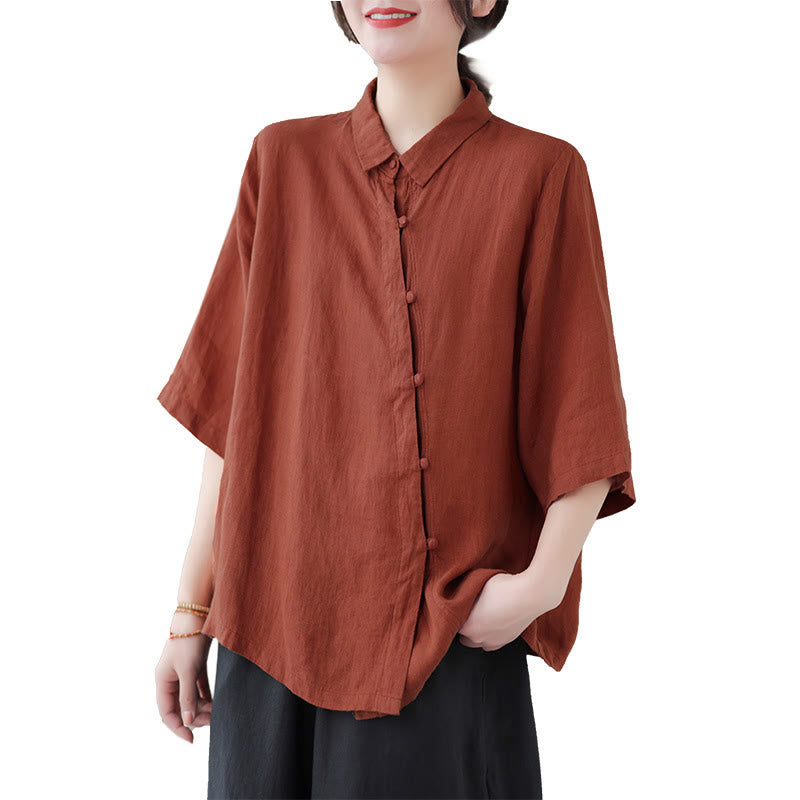 Buddha Stones Camisa de algodón para mujer con solapa, botones de rana, diseño de tapeta diagonal, manga tres cuartos - image 9