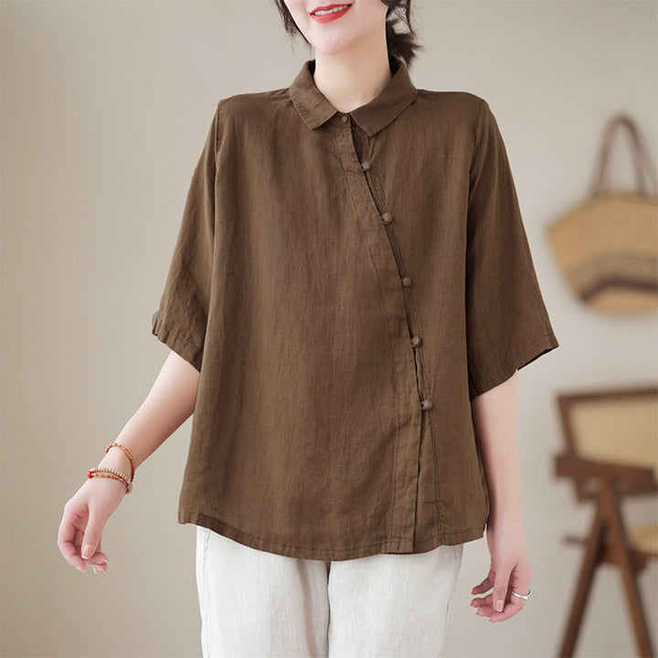 Buddha Stones Camisa de algodón para mujer con solapa, botones de rana, diseño de tapeta diagonal, manga tres cuartos - SaddleBrown - US8-10，UK/AU12-14，EU40-42 (2XL) - image 13