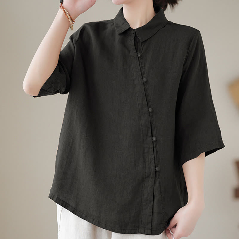 Buddha Stones Camisa de algodón para mujer con solapa, botones de rana, diseño de tapeta diagonal, manga tres cuartos - image 11