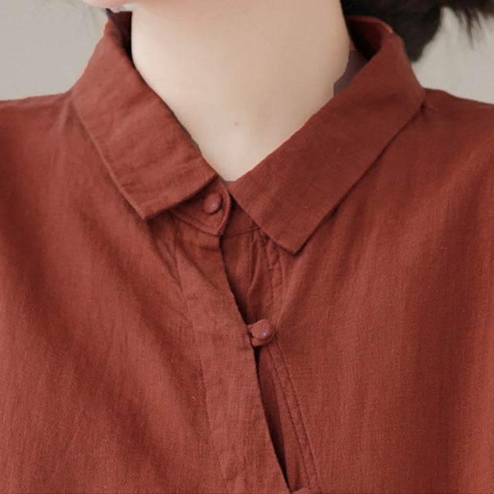 Buddha Stones Camisa de algodón para mujer con solapa, botones de rana, diseño de tapeta diagonal, manga tres cuartos - image 5