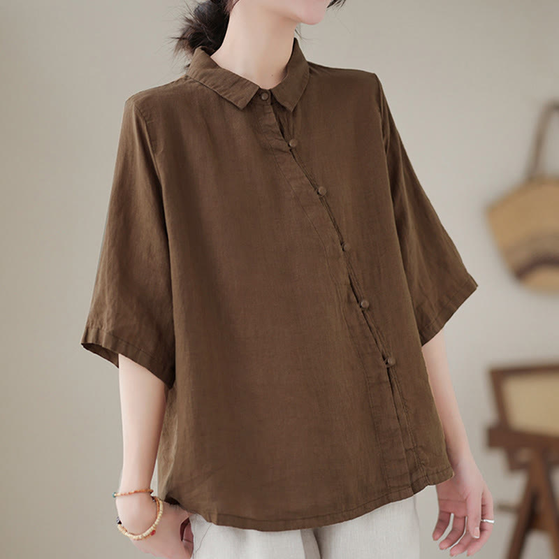 Buddha Stones Camisa de algodón para mujer con solapa, botones de rana, diseño de tapeta diagonal, manga tres cuartos - image 16