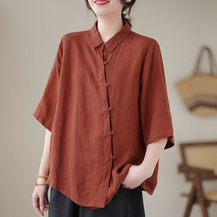 Buddha Stones Camisa de algodón para mujer con solapa, botones de rana, diseño de tapeta diagonal, manga tres cuartos - image 3