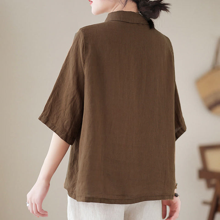 Buddha Stones Camisa de algodón para mujer con solapa, botones de rana, diseño de tapeta diagonal, manga tres cuartos - image 15