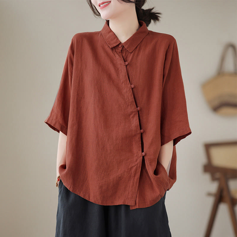 Buddha Stones Camisa de algodón para mujer con solapa, botones de rana, diseño de tapeta diagonal, manga tres cuartos - Ladrillo refractario - US8-10，UK/AU12-14，EU40-42 (2XL) - image 0
