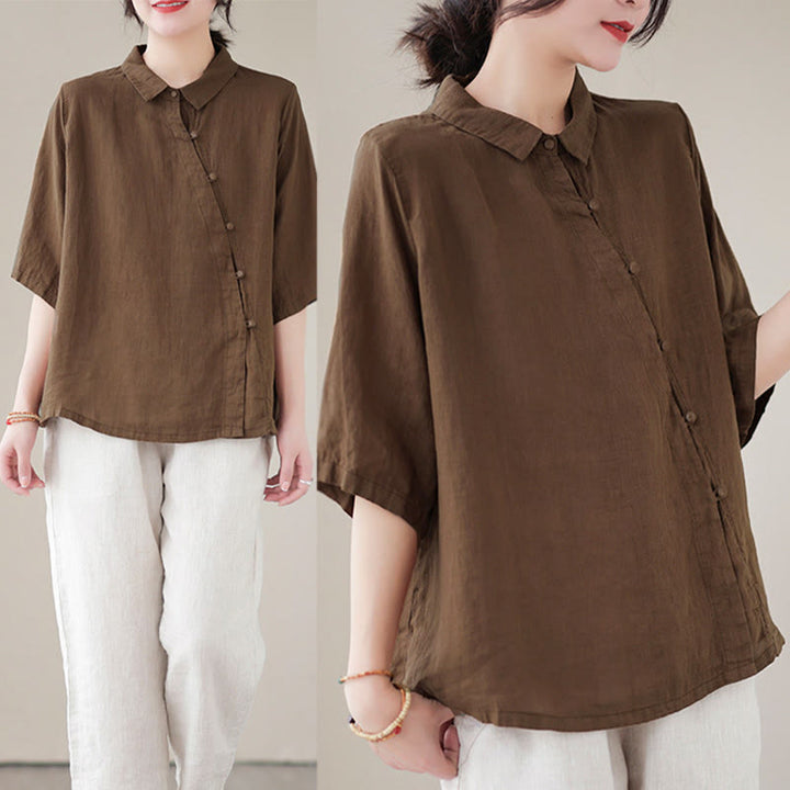 Buddha Stones Camisa de algodón para mujer con solapa, botones de rana, diseño de tapeta diagonal, manga tres cuartos - image 17