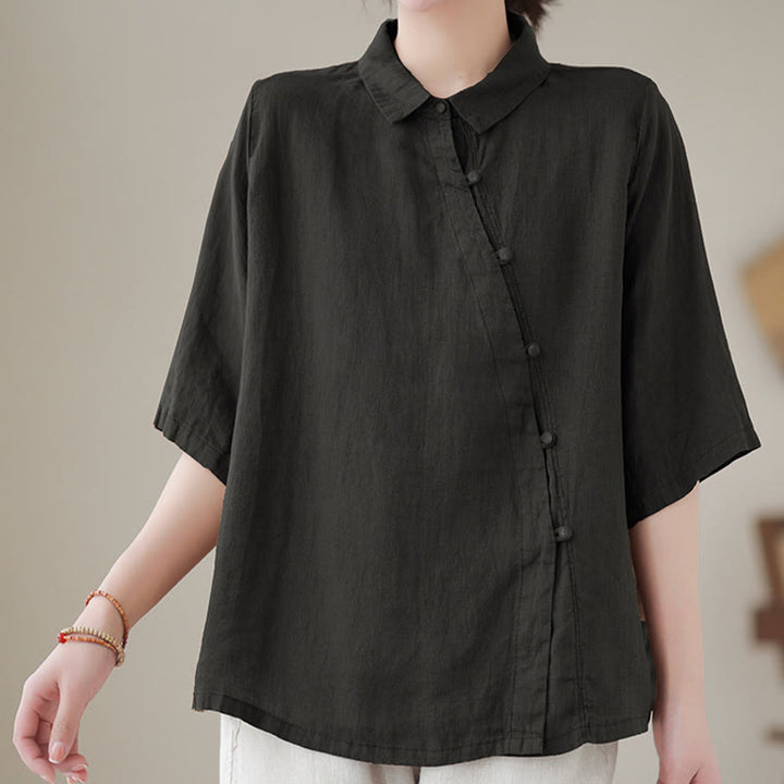 Buddha Stones Camisa de algodón para mujer con solapa, botones de rana, diseño de tapeta diagonal, manga tres cuartos - image 12