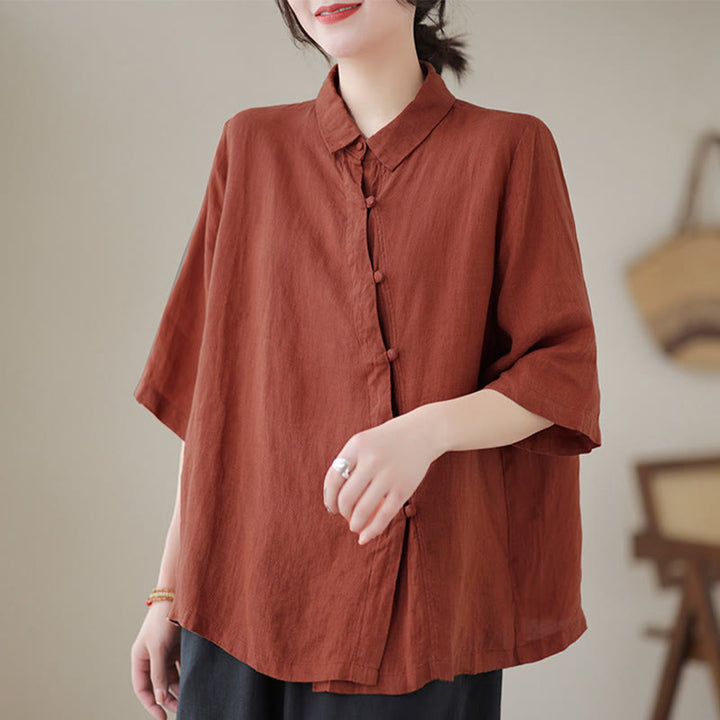 Buddha Stones Camisa de algodón para mujer con solapa, botones de rana, diseño de tapeta diagonal, manga tres cuartos - image 1