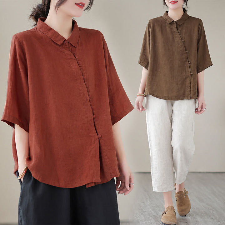 Buddha Stones Camisa de algodón para mujer con solapa, botones de rana, diseño de tapeta diagonal, manga tres cuartos - image 18