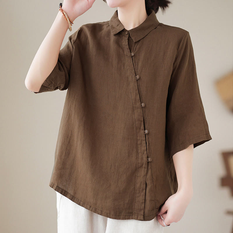 Buddha Stones Camisa de algodón para mujer con solapa, botones de rana, diseño de tapeta diagonal, manga tres cuartos - image 14