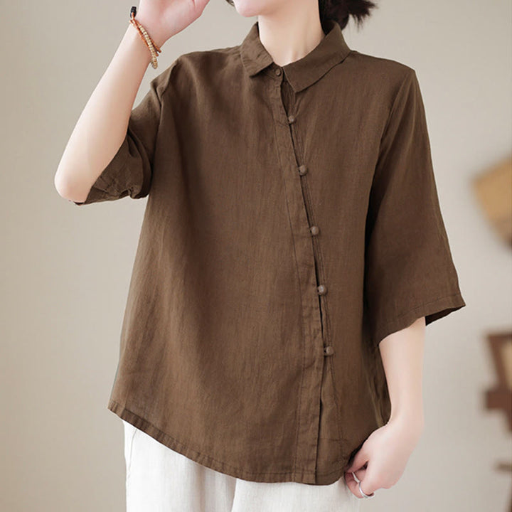 Buddha Stones Camisa de algodón para mujer con solapa, botones de rana, diseño de tapeta diagonal, manga tres cuartos - image 14