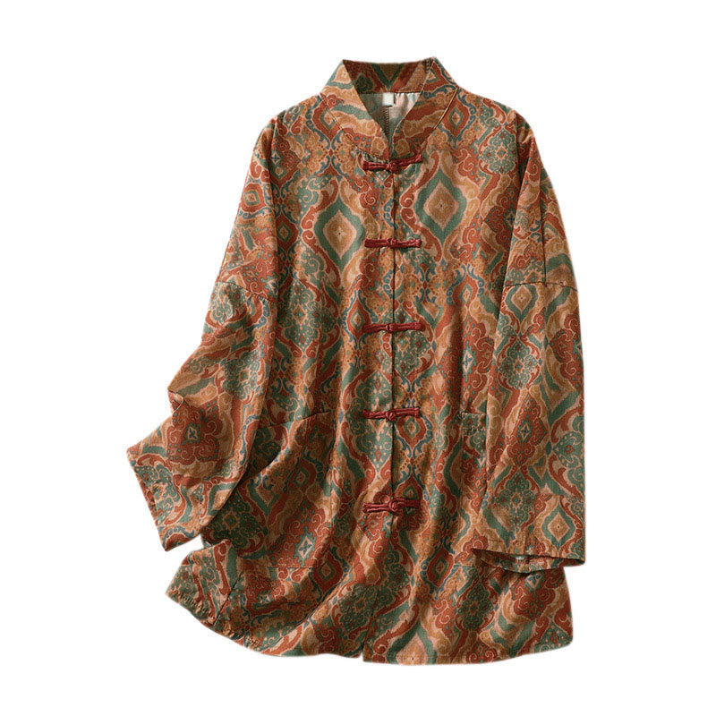 Buddha Stones Camisa de mujer con cuello alto, manga larga y botones de rana chinos estampados y bolsillos - image 11