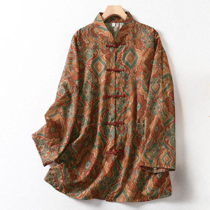 Buddha Stones Camisa de mujer con cuello alto, manga larga y botones de rana chinos estampados y bolsillos - Perú - US12，UK/AU16，EU44 (XL) - image 0