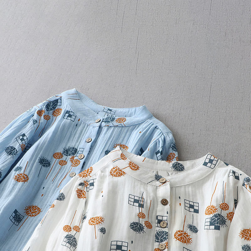 Buddha Stones Camisa de algodón para mujer con diseño estampado de medio botón y mangas fruncidas de tres cuartos - image 19
