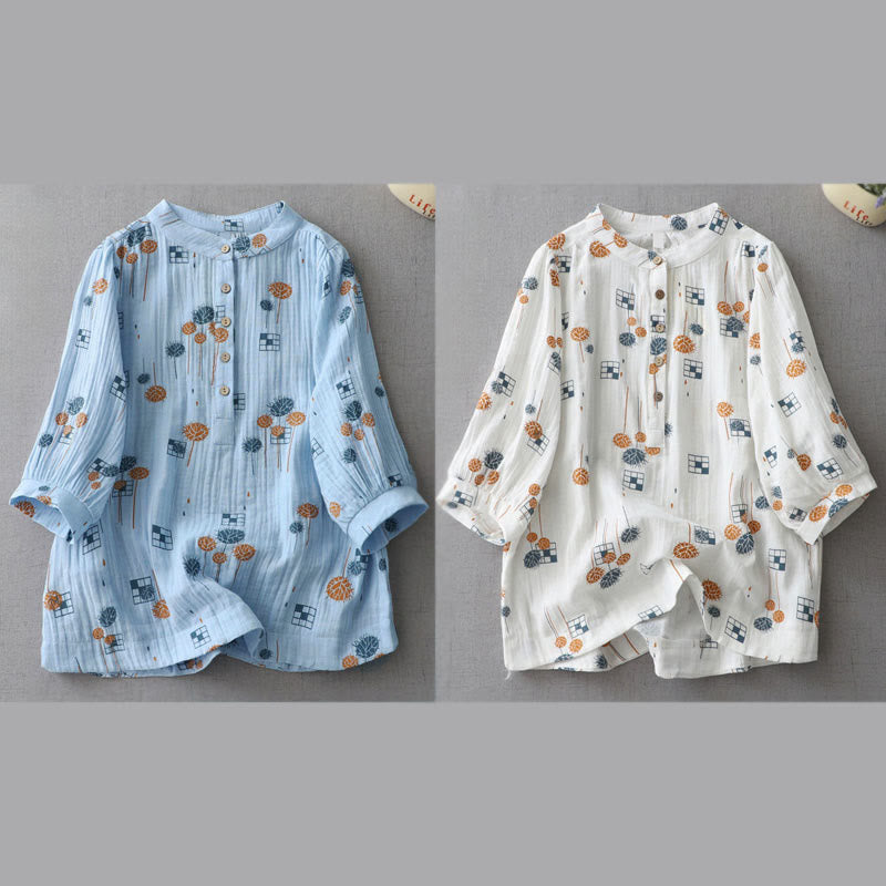 Buddha Stones Camisa de algodón para mujer con diseño estampado de medio botón y mangas fruncidas de tres cuartos - image 20