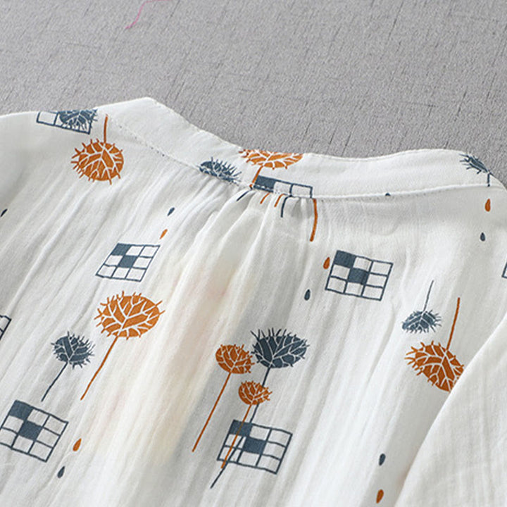 Buddha Stones Camisa de algodón para mujer con diseño estampado de medio botón y mangas fruncidas de tres cuartos - image 3