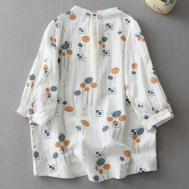 Buddha Stones Camisa de algodón para mujer con diseño estampado de medio botón y mangas fruncidas de tres cuartos - image 1