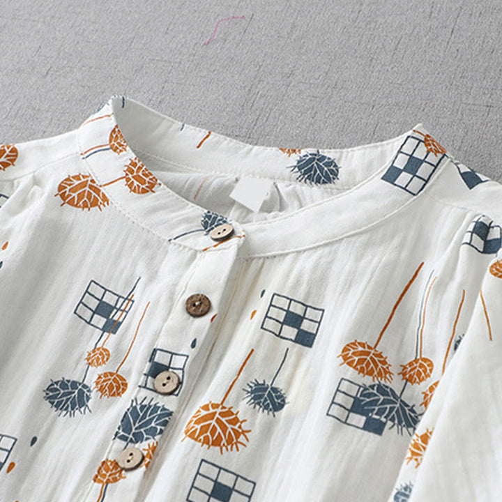 Buddha Stones Camisa de algodón para mujer con diseño estampado de medio botón y mangas fruncidas de tres cuartos - image 2