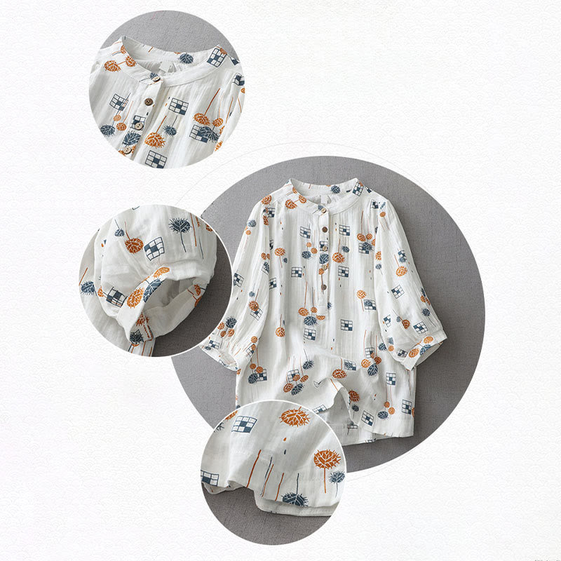 Buddha Stones Camisa de algodón para mujer con diseño estampado de medio botón y mangas fruncidas de tres cuartos - image 10