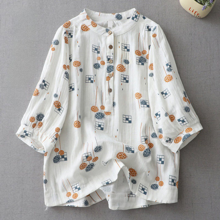 Buddha Stones Camisa de algodón para mujer con diseño estampado de medio botón y mangas fruncidas de tres cuartos - Blanco - US6，UK/AU10，EU38 (XL) - image 0