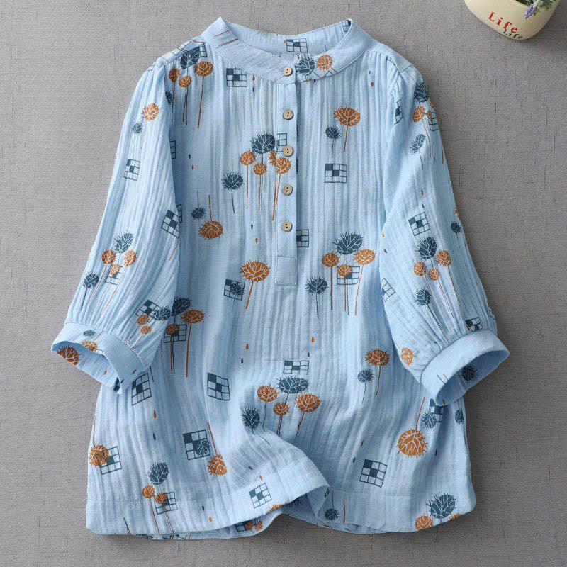 Buddha Stones Camisa de algodón para mujer con diseño estampado de medio botón y mangas fruncidas de tres cuartos - Azul cielo claro - US6，UK/AU10，EU38 (XL) - image 11