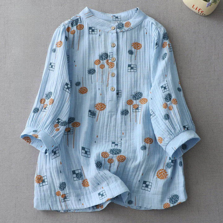 Buddha Stones Camisa de algodón para mujer con diseño estampado de medio botón y mangas fruncidas de tres cuartos - Azul cielo claro - US6，UK/AU10，EU38 (XL) - image 11