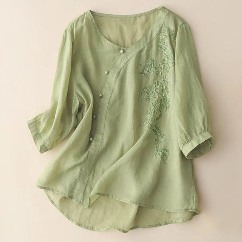 Camisa informal de manga corta con bordado de flores y botones de rana para mujer con Buddha Stones - AmarilloVerde - US14, UK/AU18, EU46 (4XL) - image 0