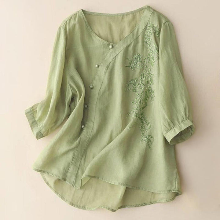 Camisa informal de manga corta con bordado de flores y botones de rana para mujer con Buddha Stones - AmarilloVerde - US14, UK/AU18, EU46 (4XL) - image 0