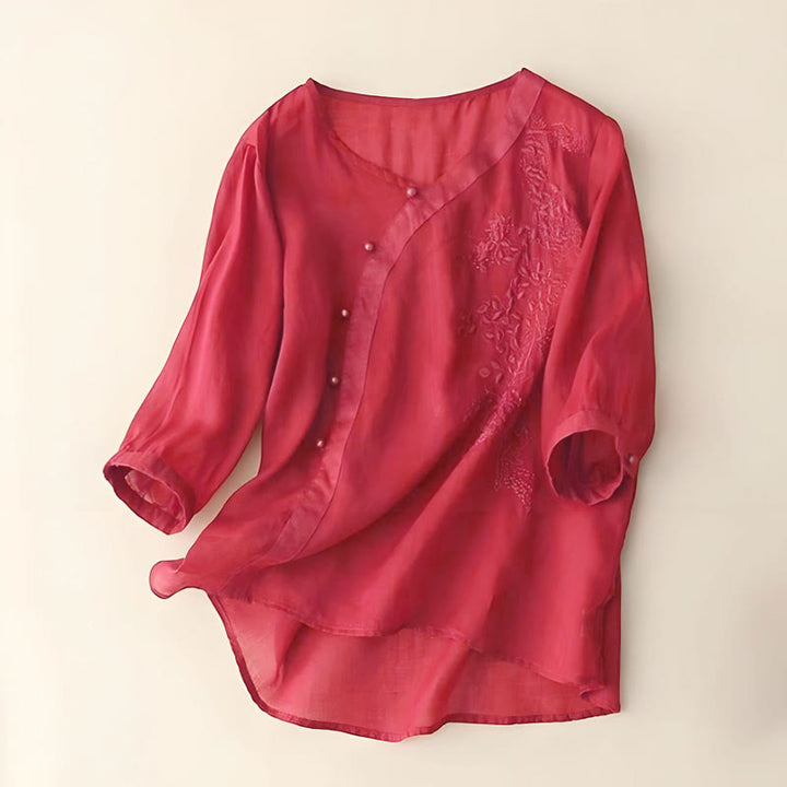 Camisa informal de manga corta con bordado de flores y botones de rana para mujer con Buddha Stones - Ladrillo refractario - US14, UK/AU18, EU46 (4XL) - image 4