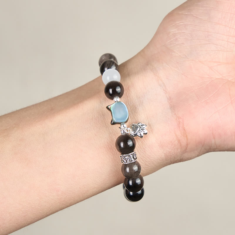 Buddha Stones Pulsera positiva de obsidiana plateada con brillo de ojo de gato blanco y cabeza de gato - image 12