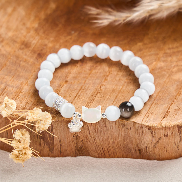 Buddha Stones Pulsera positiva de obsidiana plateada con brillo de ojo de gato blanco y cabeza de gato - image 1