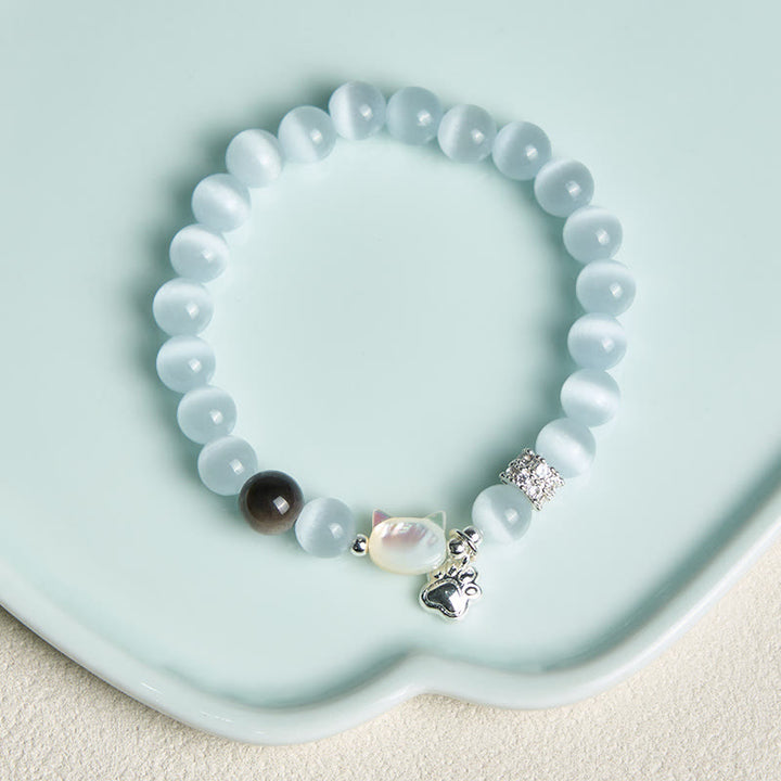 Buddha Stones Pulsera positiva de obsidiana plateada con brillo de ojo de gato blanco y cabeza de gato - image 3