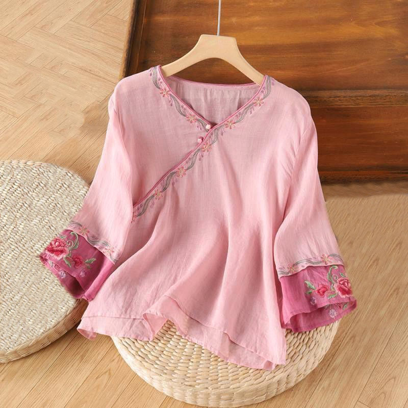 Camisa de algodón para mujer con manga tres cuartos y diseño de botones bordados retro de primavera con Buddha Stones - rosa claro - US12, UK/AU16, EU44 (4XL) - image 1
