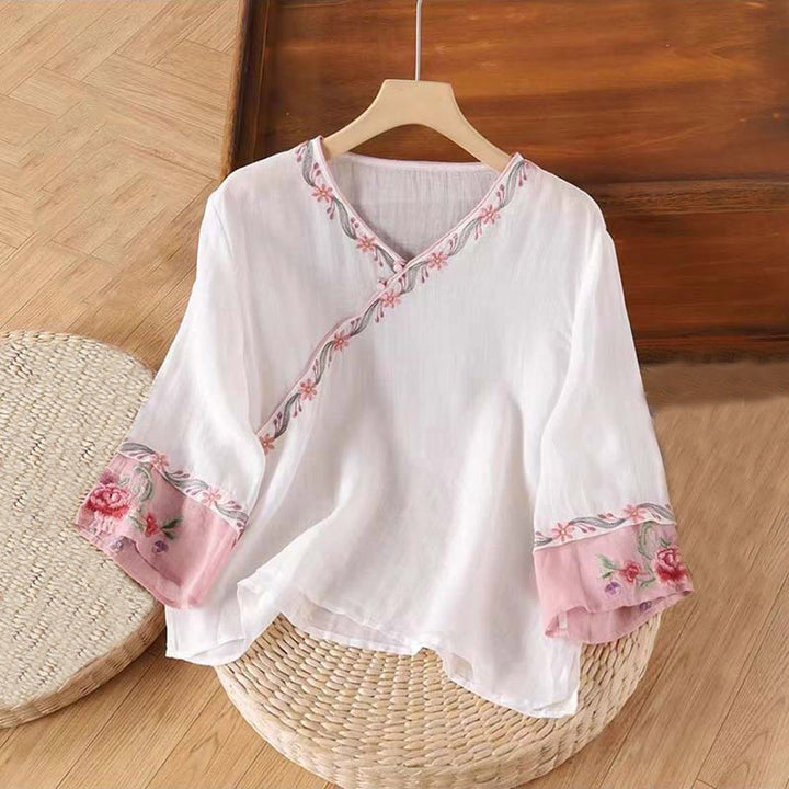 Camisa de algodón para mujer con manga tres cuartos y diseño de botones bordados retro de primavera con Buddha Stones - Rubor lavanda - US12, UK/AU16, EU44 (4XL) - image 2