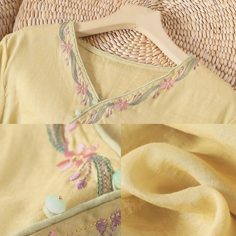 Camisa de algodón para mujer con manga tres cuartos y diseño de botones bordados retro de primavera con Buddha Stones - image 5