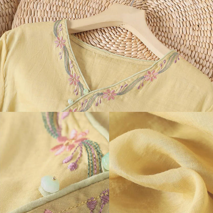 Camisa de algodón para mujer con manga tres cuartos y diseño de botones bordados retro de primavera con Buddha Stones - image 5